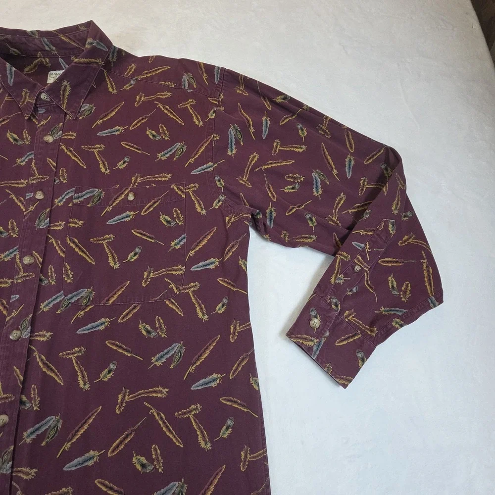 Vintage Banana Republic Safari Button Up‎ Mens L Long Sleeve Feathers Burgundy